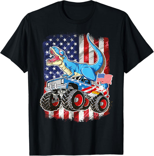 T Rex Riding Monster Truck 4th of July American Flag Boys T-Shirt