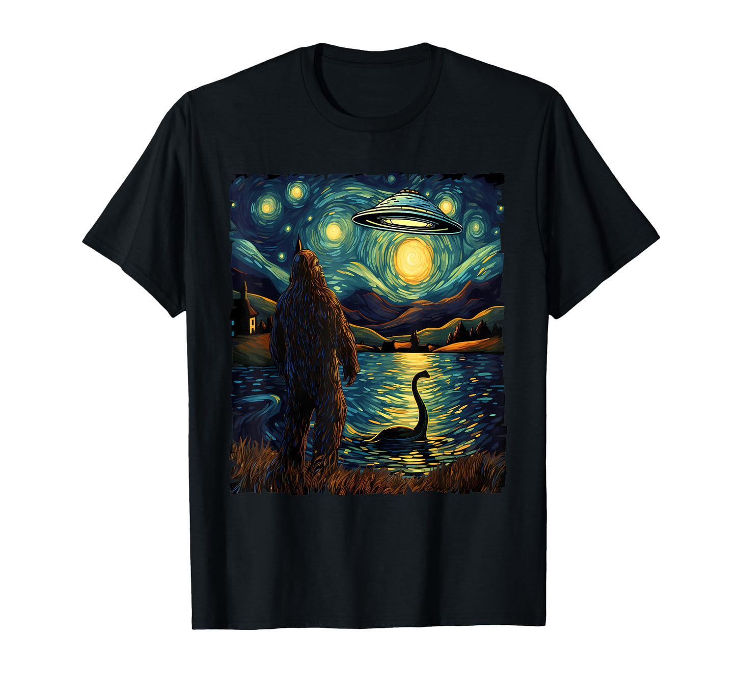 Funny Bigfoot UFO and Nessie Van Gogh Starry Night Painting T-Shirt