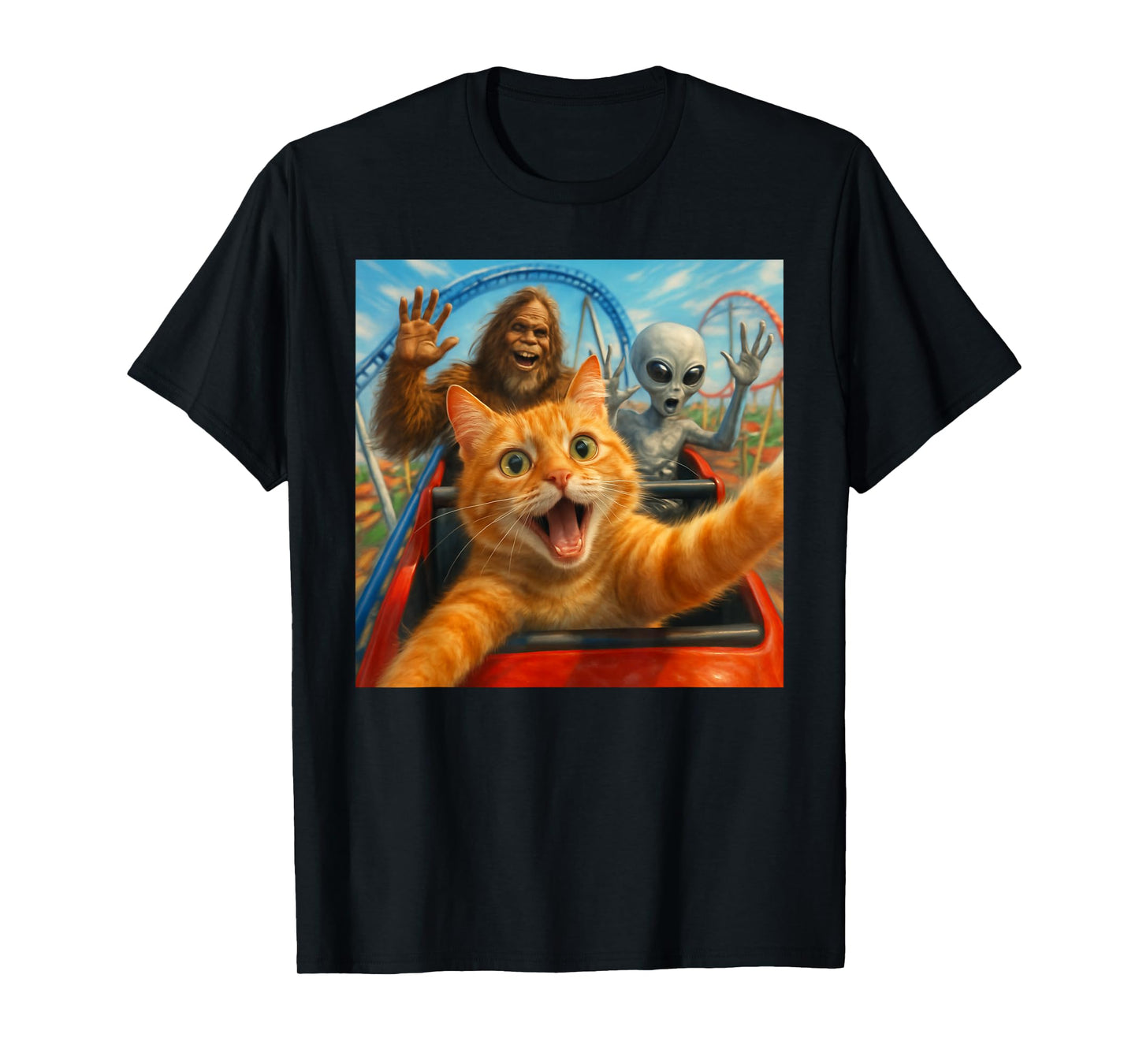 Funny Cat Selfie with Big Foot & Alien Roller Coaster Meme T-Shirt