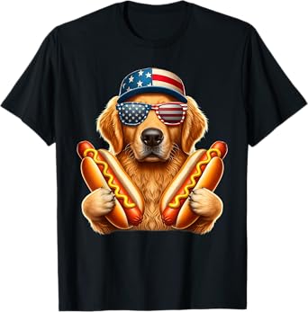 4th of July Hotdog Golden Retriever American Flag Patriotic T-Shirt