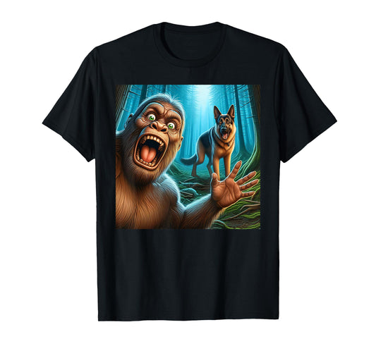 Bigfoot selfie with German shepherd surprised sasquatch T-Shirt