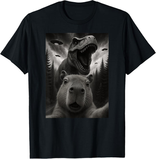 Funny Capybara Dinosaur Trex Selfie Animal Lover Boys Girls T-Shirt