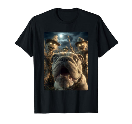 Funny Bulldog Selfie with Scarecrows Spooky Halloween Dog T-Shirt