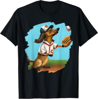 Dachshund Chiweenie Wiener Dog Playing Baseball Funny Men Women Kids T-Shirt