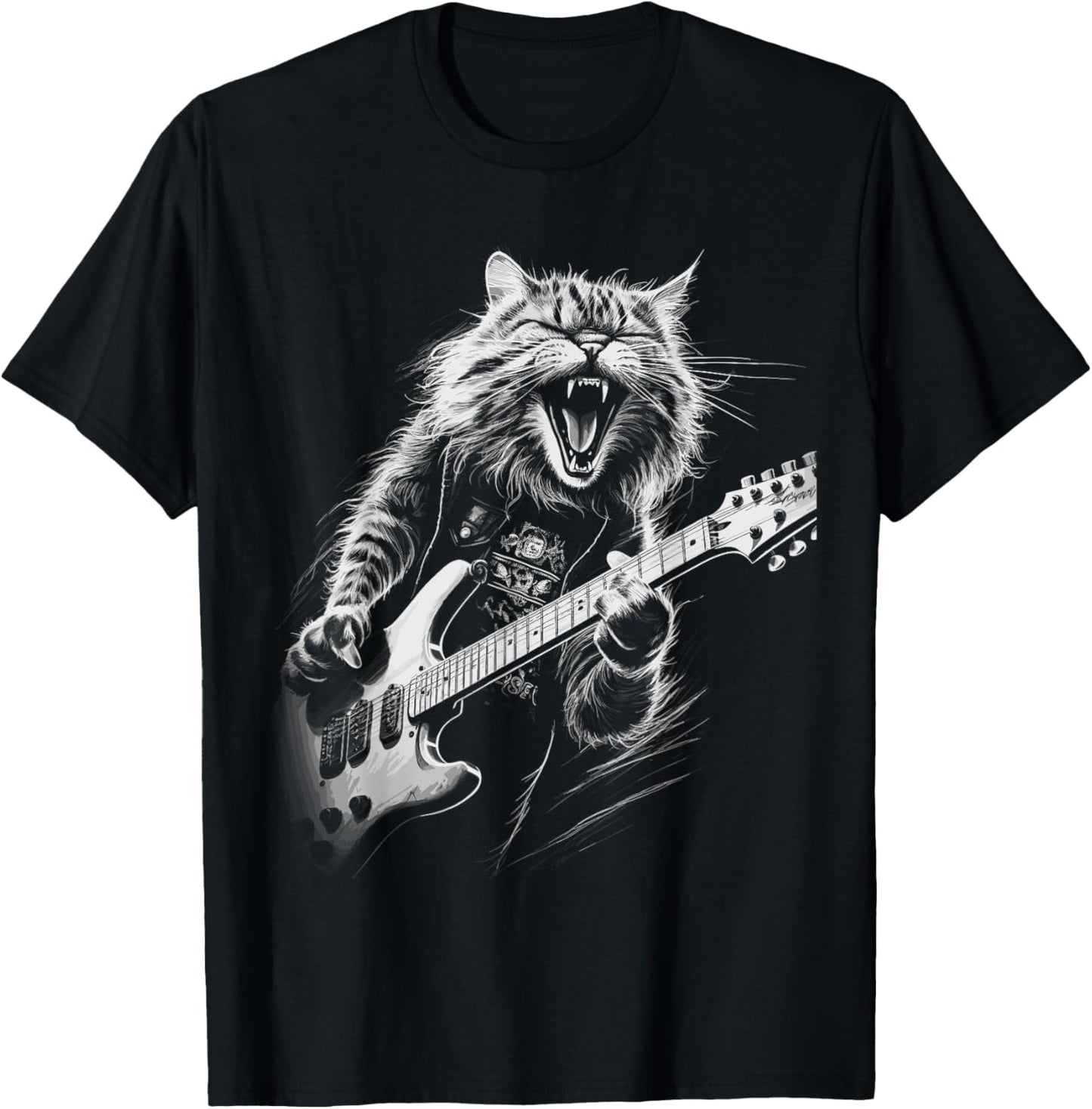 Rock Cat Playing Guitar mens woman Funny Guitar Cat T-Shirt