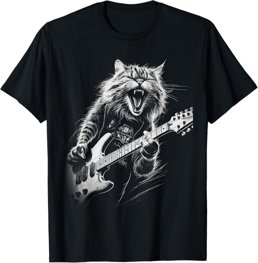 Rock Cat Playing Guitar mens woman Funny Guitar Cat T-Shirt