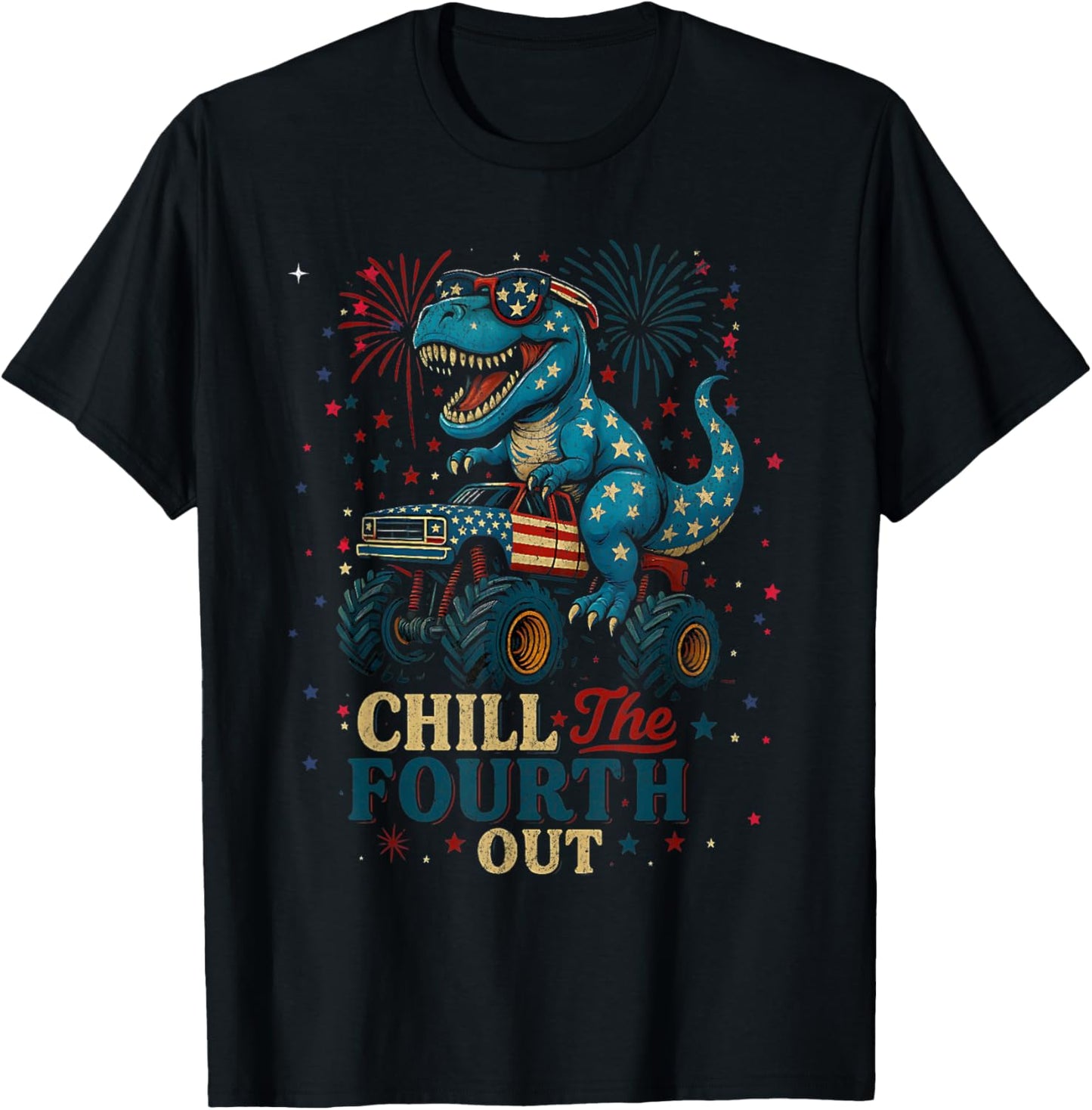 Chill The Fourth Out Patriotic Monster Dino USA track T-Shirt