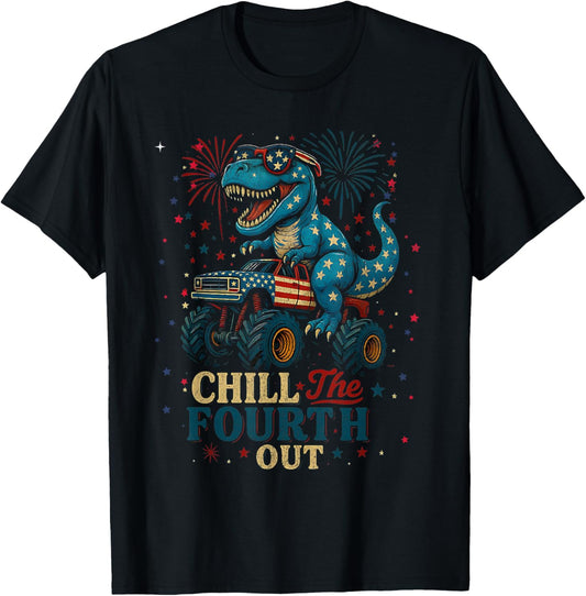 Chill The Fourth Out Patriotic Monster Dino USA track T-Shirt