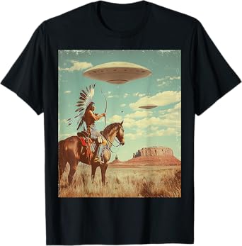 Retro Desert Indian Riding Horse Shooting Bow Arrow UFO Art T-Shirt