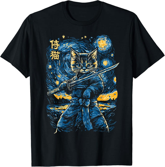 Japanese Samurai Ninja Cat in Starry Night Style T-Shirt