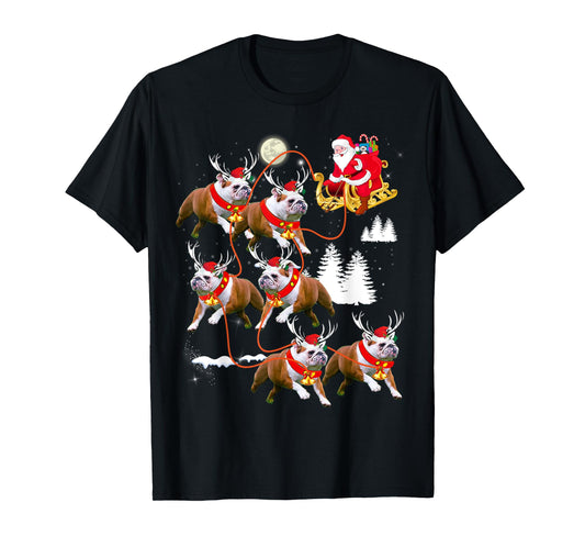 Christmas Santa Riding English Bulldog Xmas T-Shirt for Men Women Kids
