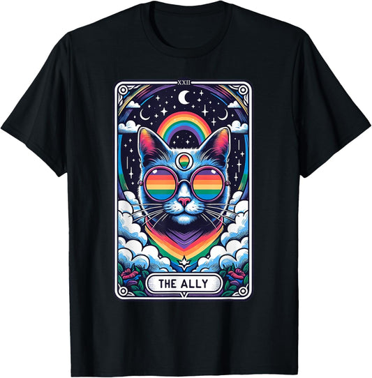 Funny Ally Cat Tarot Card Pride Sunglasses Gay Pride LGBTQ T-Shirt