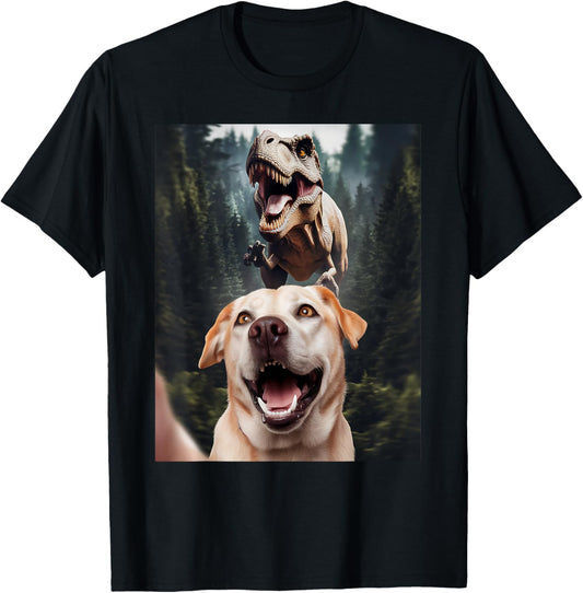 Labrador Selfie with T-Rex Dino Funny Lab Tee Men Women Kids T-Shirt