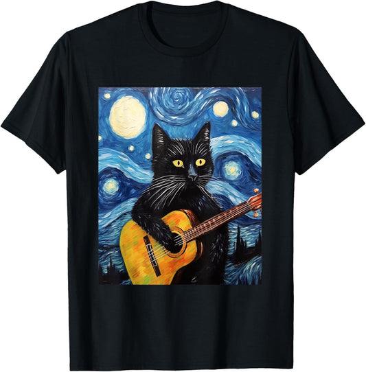 Funny Starry Night van Gogh Black Cat playing guitar Art T-Shirt
