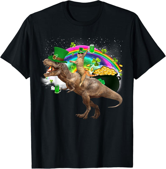 Cat Riding Dinosaur T rex Leprechaun Hat St Patricks Day Men Women Kids T-Shirt
