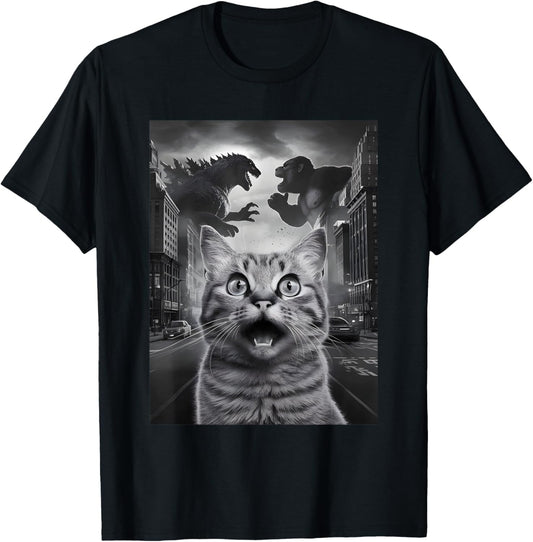 Cat Selfie Dinosaur Bigfoot Believers Funny Sasquatch Men Women Kids T-Shirt