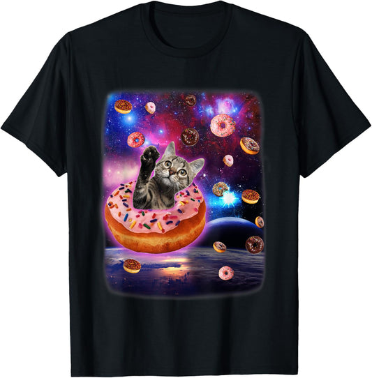 Cute Cat Inside Donut In Space Boy Girl Donut Kitty Galaxy T-Shirt