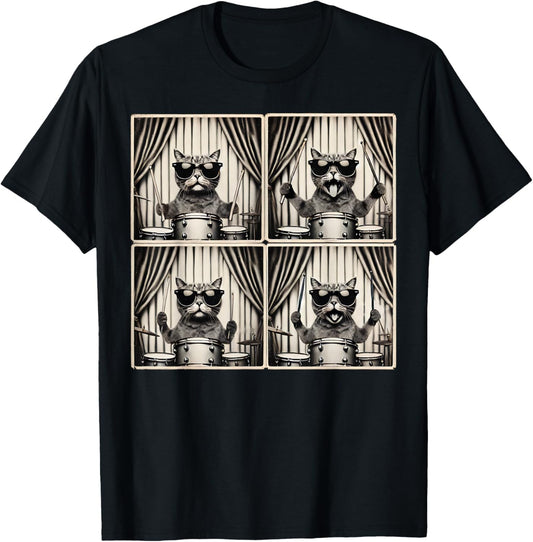 Funny Retro Drummer Kitten Cat Rock Playing Drums Photobooth T-Shirt