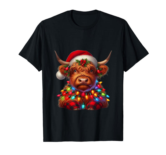 Scottish Highland Cow Christmas Santa Hat Lights Xmas Pajama T-Shirt