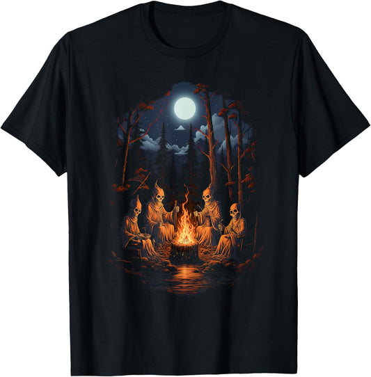 Vintage Ghost and Skeleton by Fire Camping Gothic Halloween T-Shirt