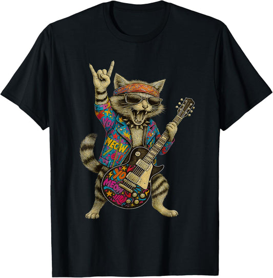 Retro Cat Rock Music Gifts Men Kids Women Funny Cat Guitar T-Shirt