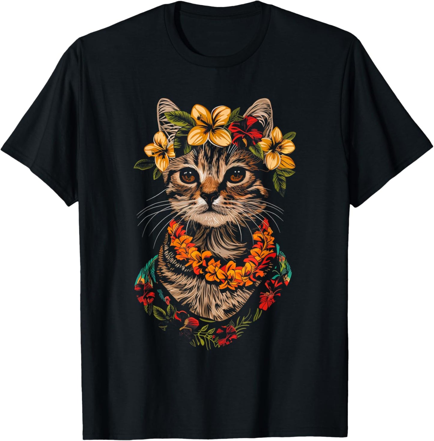 Cat Hawaiian Flowers Hula Hibiscus Funny Cute Hawaii T-Shirt