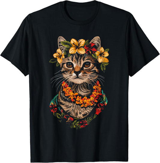 Cat Hawaiian Flowers Hula Hibiscus Funny Cute Hawaii T-Shirt