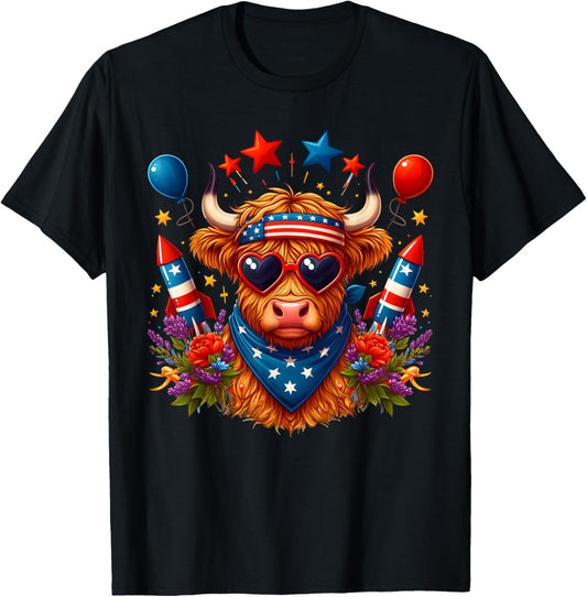 Highland Cow American Flag 4th of July Women Men Merica USA T-Shirt