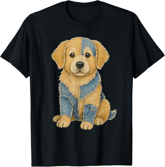 Golden Retriever Denim Patchwork Retro Dog Art T-Shirt