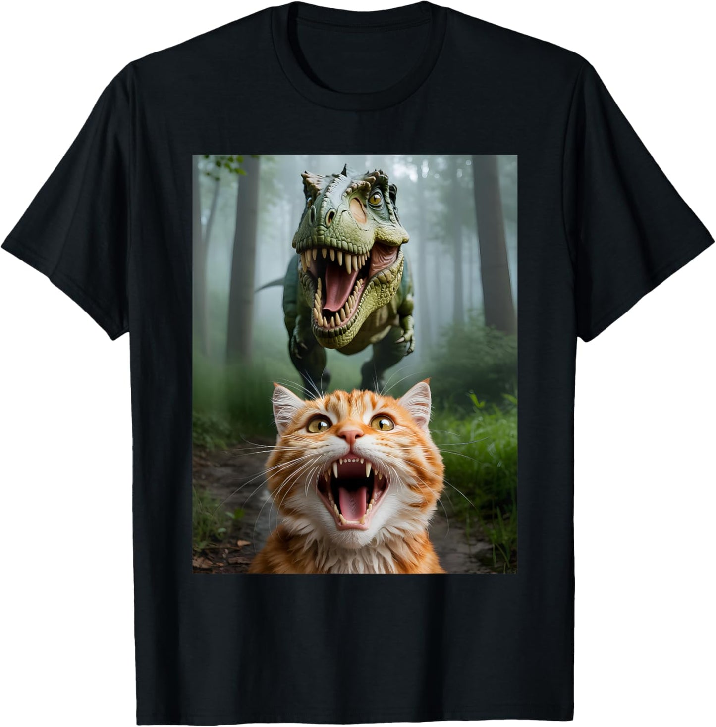 Funny Cat Selfie With T Rex Dinosaur Cat Lover Men Women T-Shirt
