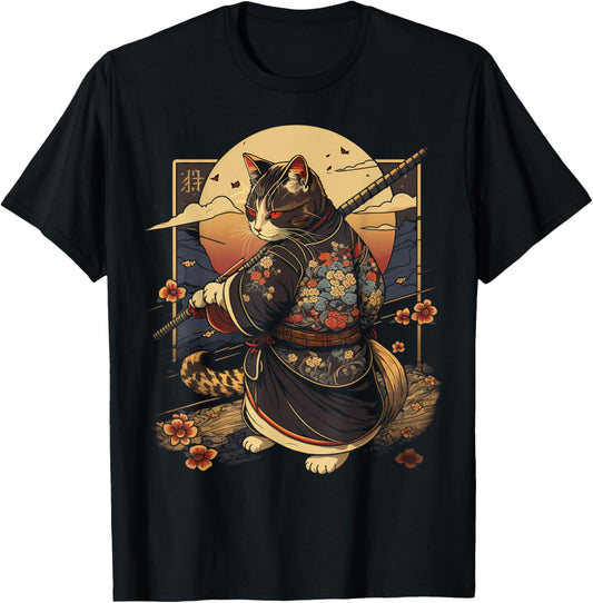 Japanese Art Cat Ninja Ukiyo-e Anime Style Samurai Cat T-Shirt