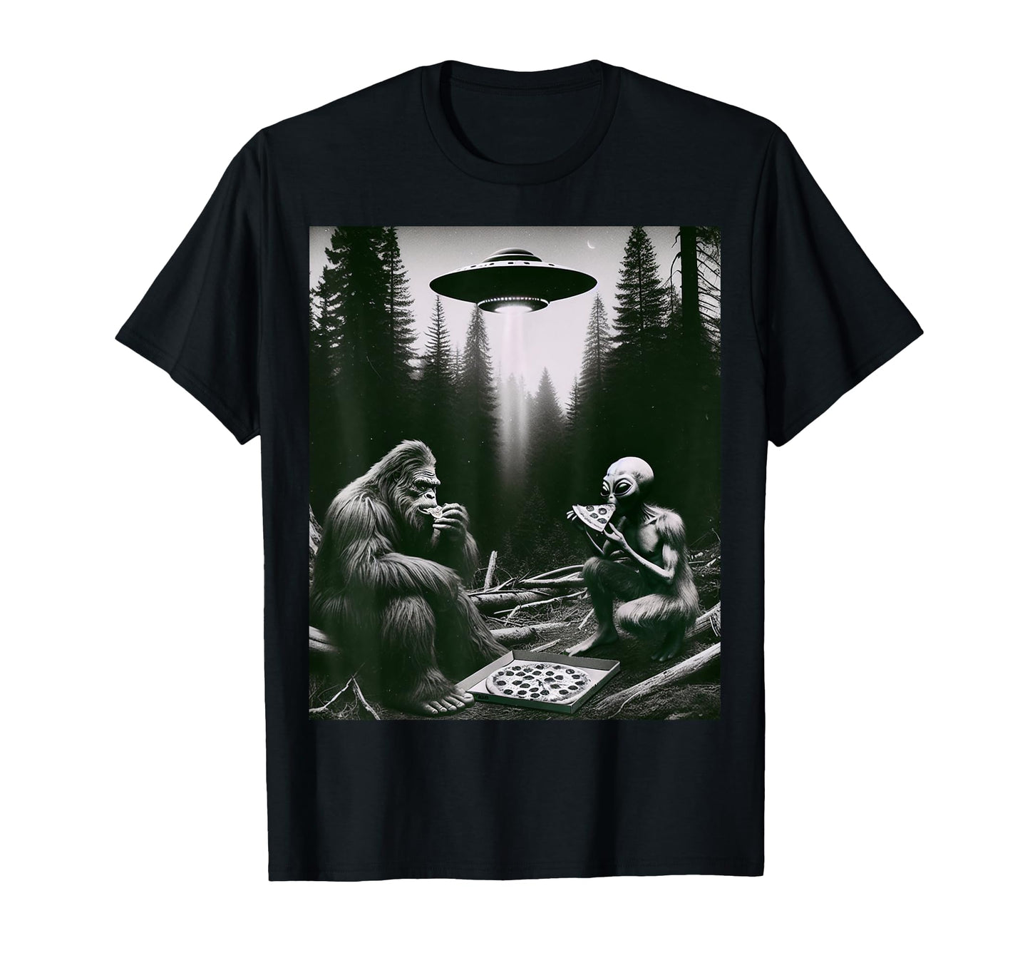 Funny Bigfoot With Alien Eating Pizza. Bigfoot And Alien UFO T-Shirt