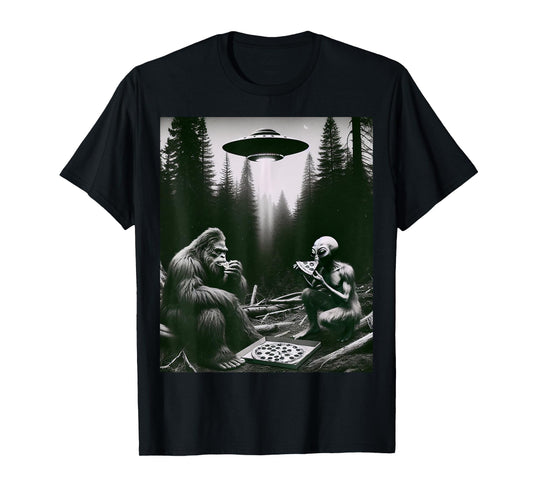 Funny Bigfoot With Alien Eating Pizza. Bigfoot And Alien UFO T-Shirt