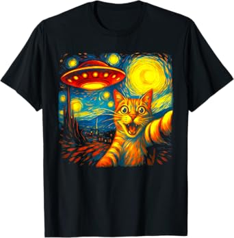 Cat Selfie With Alien UFO Funny Starry Night Van Gogh Men Women Kids T-Shirt