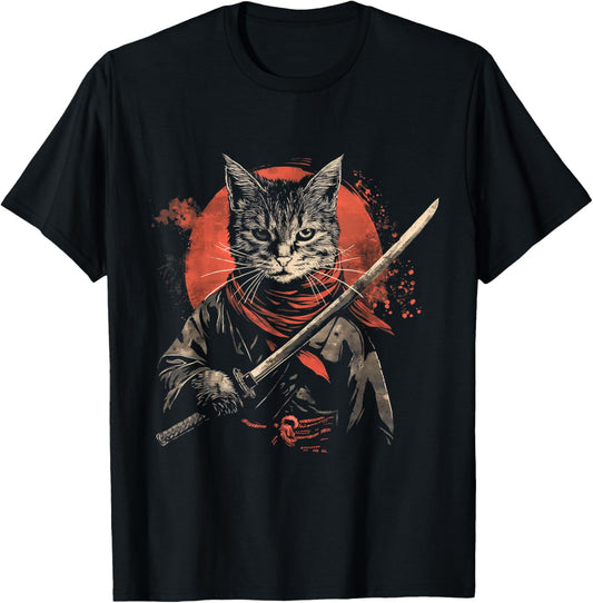 Funny Samurai Cat Vintage Japanese Ukiyo-E Warrior Art T-Shirt