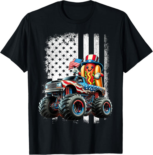 4th of July Monster Truck Hotdog USA Flag American Patriotic T-Shirt