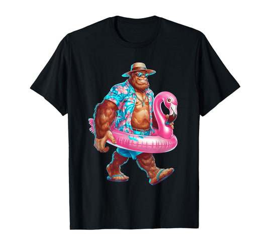 Hawaiian Bigfoot Sasquatch Pink Flamingo Pool Party Summer T-Shirt