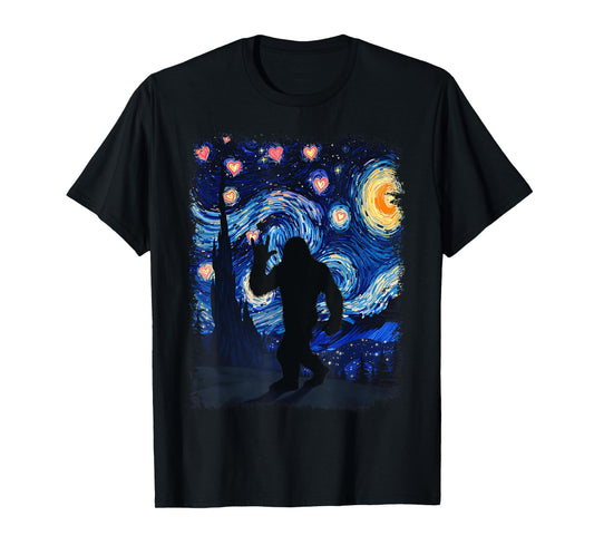 Valentine Van Gogh Starry Night Bigfoot Sasquatch Lover T-Shirt