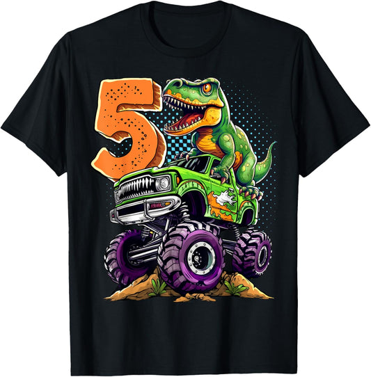Monster Truck Dinosaur T-Rex 5th Birthday Boy 5 Year Old T-Shirt