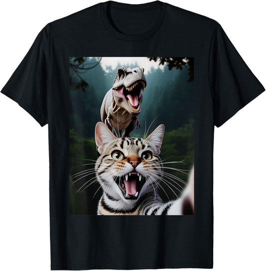 Cat Selfie with T-Rex Dinosaur Cute Cat Gifts Men Women Kids T-Shirt