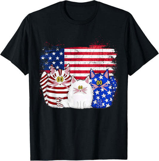 Red White Blue Cats USA Flag Firework 4th Of July T-Shirt