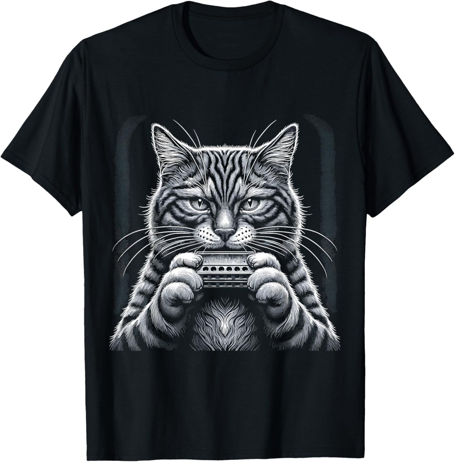 Cat Music Harmonica Player Country Folk Blues Whiskers Tabby T-Shirt