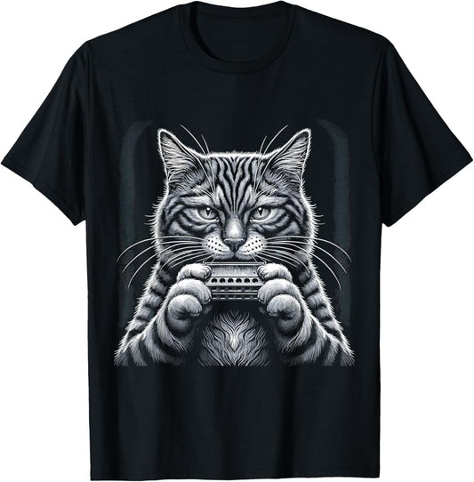 Cat Music Harmonica Player Country Folk Blues Whiskers Tabby T-Shirt