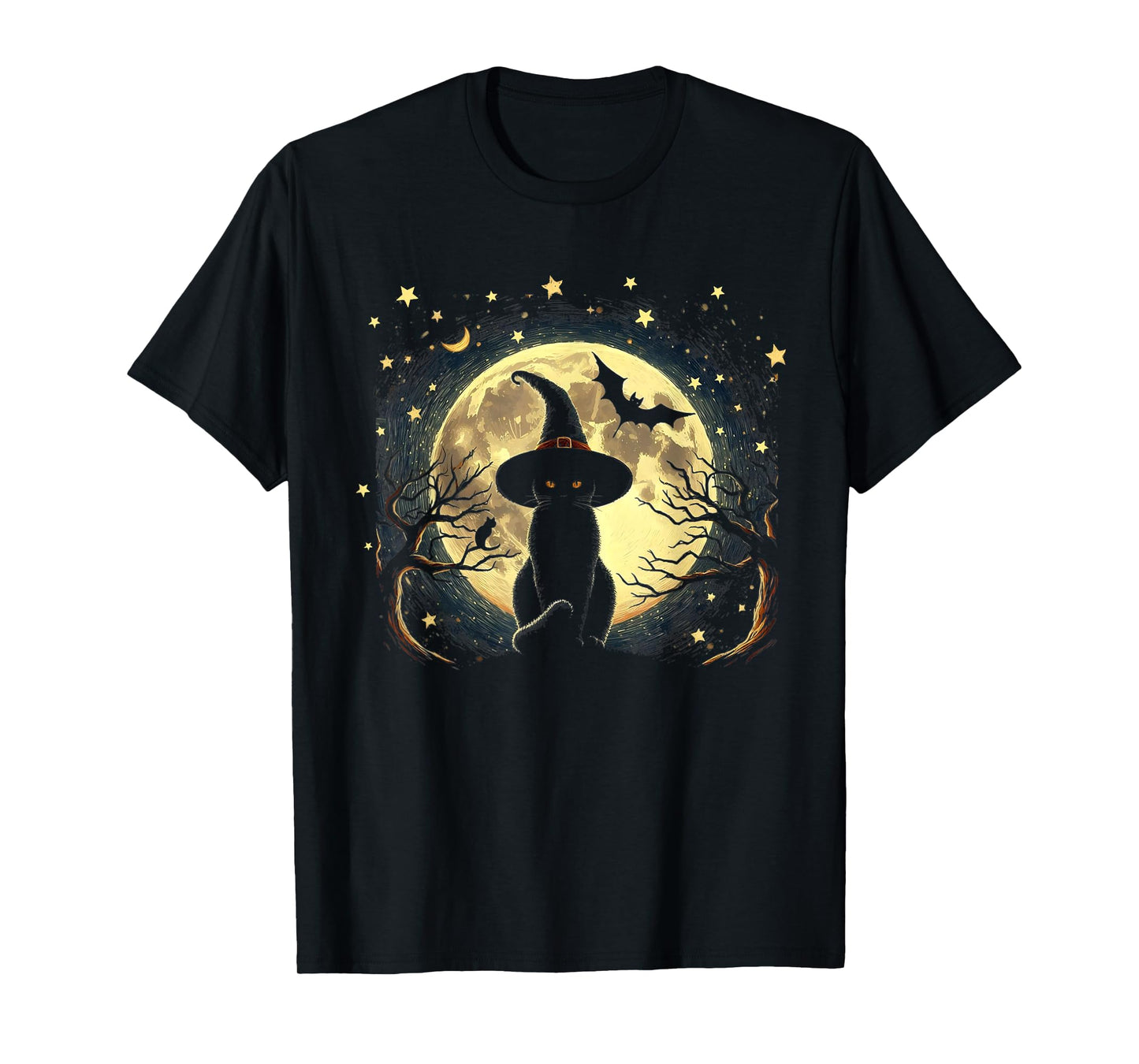 Vintage Scary halloween black cat Van gogh Starry Night Moon T-Shirt