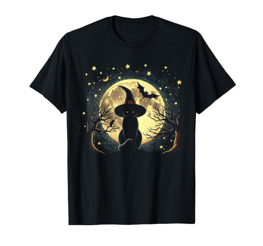 Vintage Scary halloween black cat Van gogh Starry Night Moon T-Shirt