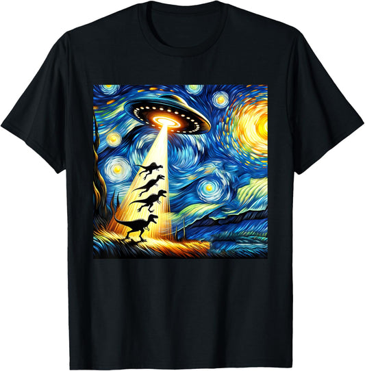 Funny UFO Attack Dinosaurs In Starry Night Van Gogh Boy Men T-Shirt
