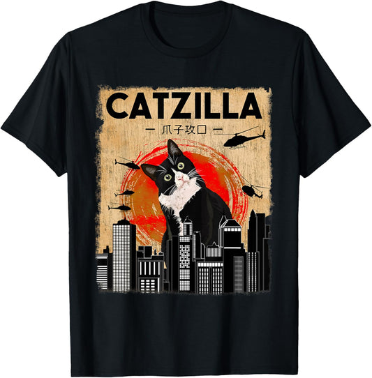 Vintage Catzilla - Funny Tuxedo Cat And Kitten T-Shirt