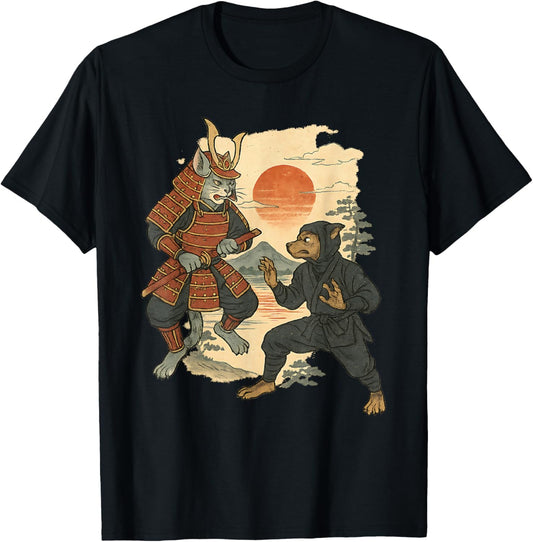 Samurai Cat vs Ninja Dog Yokai Katana Ukiyo-e Art Japanese T-Shirt