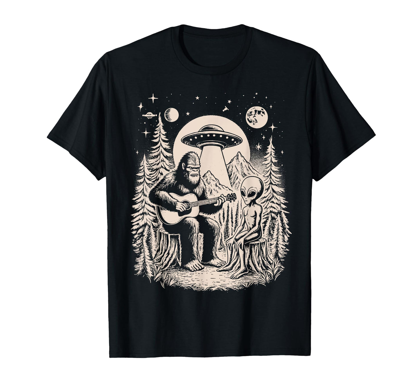 Funny Big Foot Alien Spaceship Big Foot Sasquatch Ape Guitar T-Shirt