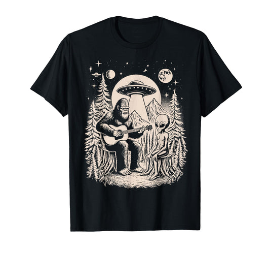 Funny Big Foot Alien Spaceship Big Foot Sasquatch Ape Guitar T-Shirt
